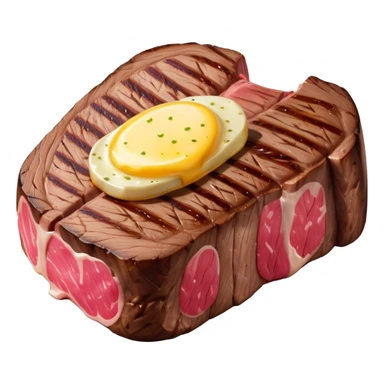Cinematic thick-cut steak, perfectly seared with grill marks, a juicy pink center, butter melting on top, rich and savory, warm glow, sizzling and mouthwatering, highly detailed and appetizing. sticker