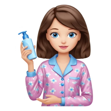 Barbie girl with makeup, blue eyes , and bob long haircut wavy, short brown hair in creamy color pajamas, face cream in hand sticker