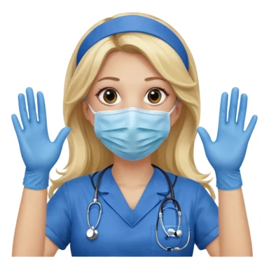 enfermera rubia con pelo largo sin nada en el pelo, con mascarilla y guantes azules las dos manos arriba sticker