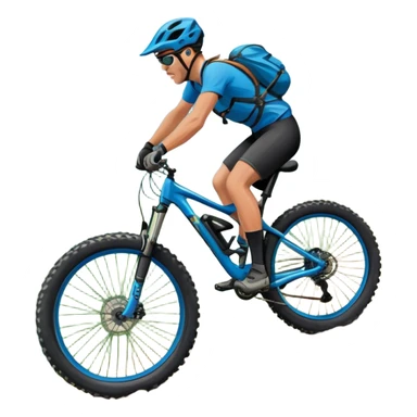 An icon featuring a mountain bike with thick tires on a rugged trail. The background showcases a breathtaking mountain landscape with green slopes, rocky peaks, and a bright blue sky. A cyclist in a helmet rides downhill, kicking up dust.  Transparent background emphasizes adventure and speed sticker