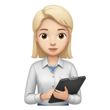 intern or volunteer holding a clipboard and pencil, ready to take notes or assist. The character wears a simple shirt and has an eager posture sticker