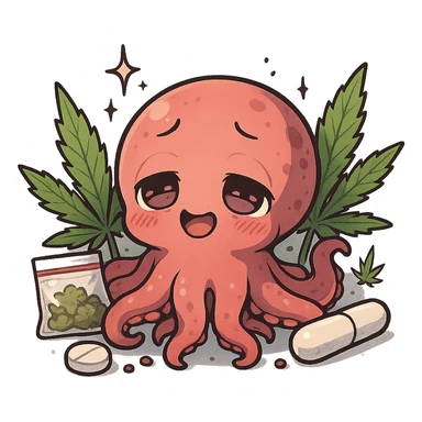 cute small anime kraken looking dazed and happy, surrounded by marihuana leaves, darknet and drugs theme sticker