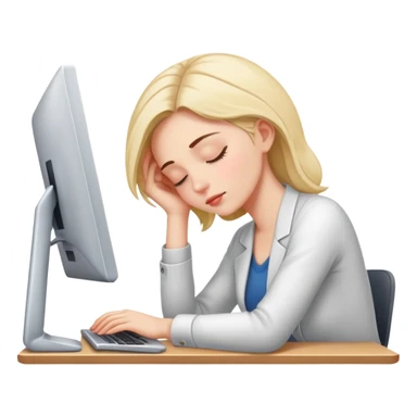 Woman dozing off at workspace with computer sticker