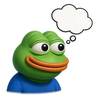 make a pepe in bright green smiling with thought bubble looking at left side in 3d style, good highlights and shadows, drop shadows sticker
