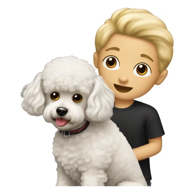 A blonde toy poodle with a black haired boy sticker