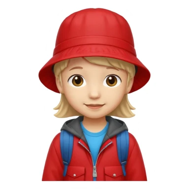 Little student wears red bucket hat and jacket, backpack, shy sticker