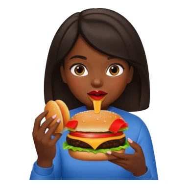 a girl with dark hair eating a burger, apple memoji style sticker