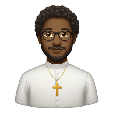 young black catholic priest beard, curly hair, with rounded glasses and clerygman sticker
