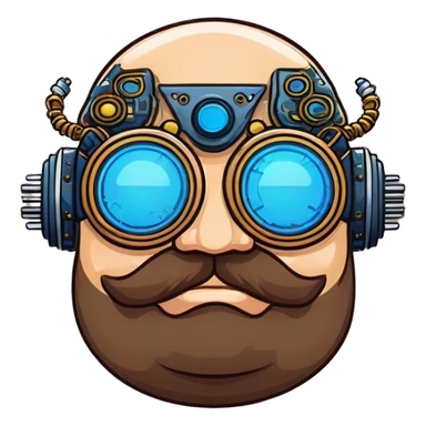 Fat bald cyborg head with blue steampunk goggles, brown beard and circuits sticker