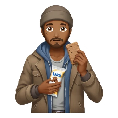 Generate a homeless man asking for money with a protein bar in his hand sticker