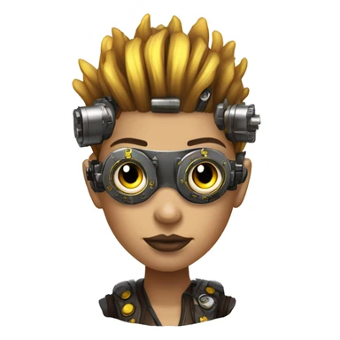 Brown with yellow streaks Mohawk hair female cyborg head, fair skin, steampunk goggles and circuits sticker