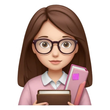girl with fair skin and long brown hair holding a closed pale pink book, glasses sticker
