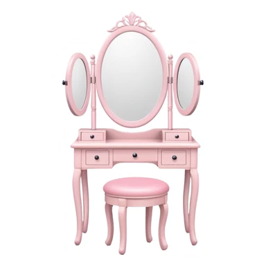White Makeup vanity with light pink makeup, with a stool sticker