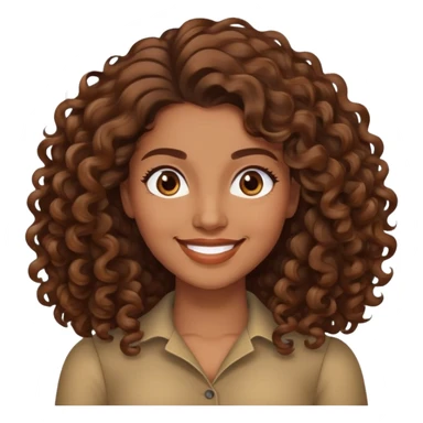 "- Nữ
- 30 tuổi
- Da nâu
- Tóc xoăn nâu, dài, phồng sang bên trái
- Mặt cười mỉm
- Đổi ngôi tóc sticker