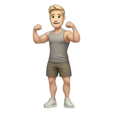 Full height Actively gesturing with hands Pale skinned Fit Man With the biceps and light brown hair with Bristle in dark gray Sleeveless Mike, beige oversize sports shorts and white Sneakers sticker