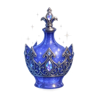 ultra luxurious small elixir bottle in crown shape, color #7986cb, bold and intricate silver and iridescent details, maximum magical glowing and sparkling effects, very small neck, seamless bottom, transparent background, bottle floating in air, no base or shadow, modern, perfectly matching a magical luxury collection sticker