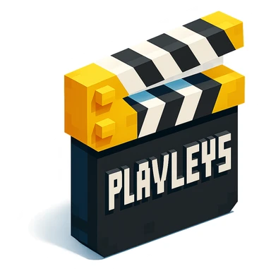 voxel style movie clapperboard with the text 'PLAVLEYS', gold lid, black and white stripes, isometric view sticker