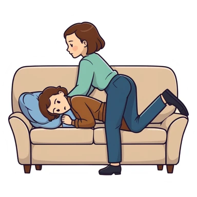  One Caucasian woman with brown hair, big boobs, wearing pants. Bent over couch. A bald man is humping her.  sticker