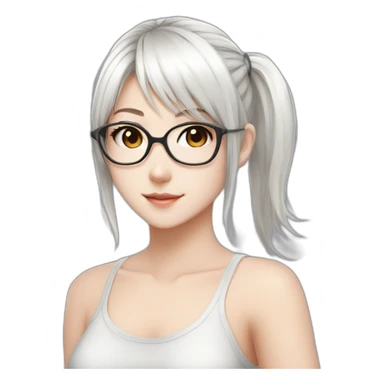 anime style white hair catgirl, black glasses, tank top, pony tail hair, sticker