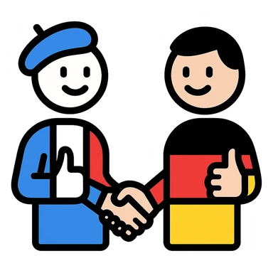 A simple icon style of a French and a German character shaking hands and giving thumbs up, French in blue-white-red colors, German in black-red-yellow colors, minimal details. sticker