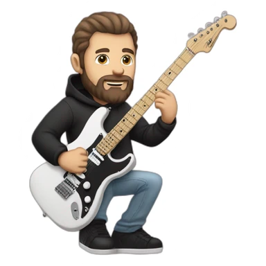 white man with dark beard and black t shirt and pastel pink stratocaster electric guitar sticker