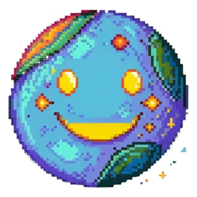 vibrant multicolored planet with bright spots and a happy smiling face sticker