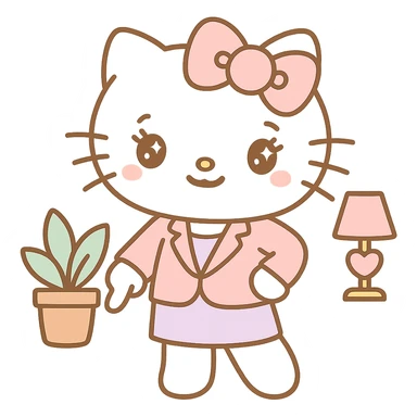 Add hands in the 'periodt' meme pose (one hand on hip, other hand pointing down with attitude), keep the character girly CEO cat, Hello Kitty world, kawaii style. sticker