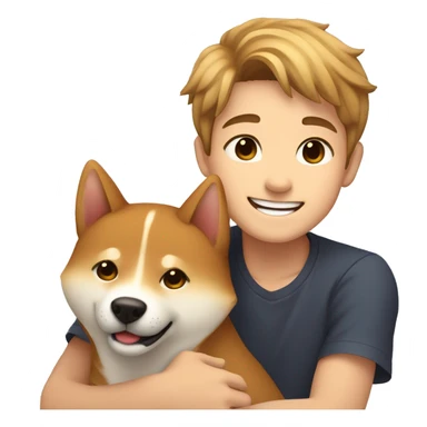 Light brown hairs boy with brown eyes and wide brows 12 years smiling and hugging with dog shiba inu  sticker