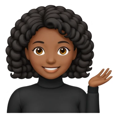 Create a custom emoji-style character inspired by a smiling black woman with curled black hair, dark skin tone, dark eyes, and wearing a turtleneck.  sticker