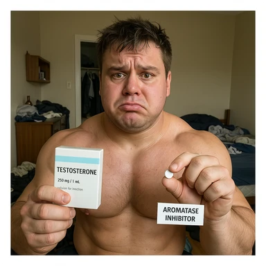 realistic muscular young man with puffy face holding box of testosterone and pill of aromatase inhibitor, worried expression, detailed, messy room background, 4K quality sticker