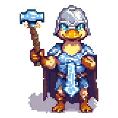 pixel art duck holding Thor's hammer (Mjolnir) with a lightning rod coming out of the hammer, energetic and dynamic sticker