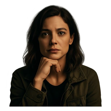 Create a centered portrait of the same woman with a thoughtful expression, transparent background, in the style of a Netflix series. sticker
