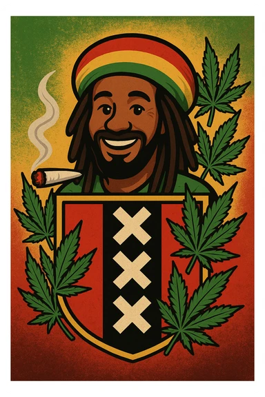 Create a digital illustration of a Rasta man with a friendly expression, wearing a red, gold, and green tam (Rastafarian hat), with dark brown skin and dreadlocks. Place him inside a bold, stylized Amsterdam coat of arms flag. The flag should have red, black, and gold tones with three white Xs in a vertical black stripe in the center. Surround the coat of arms with vibrant green cannabis leaves, a smoking spliff with rising smoke on the left side, and a textured reggae-colored background blending green, gold, and red. The style should be vintage, bold, and clean — like a high-quality reggae poster with modern emoji art flair. sticker