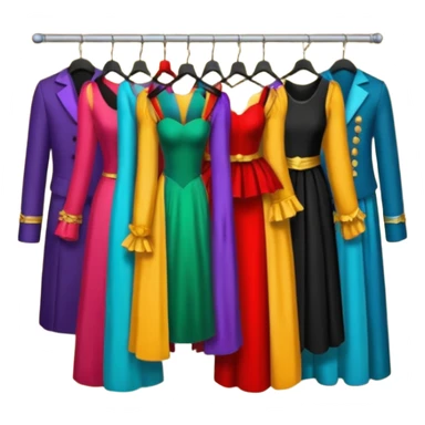create a series of images for Theatre costumes Inventory showing a rack of costumes ready for performance sticker