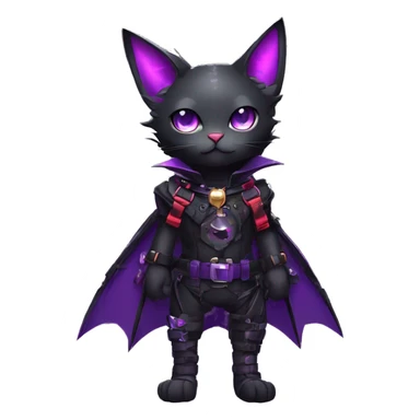 cool kawaii edgy evil techwear black purple red ethereal fantasy beautiful elegant bat-cat-Fakemon wearing legs spats a collar harness with jewelries full body sticker