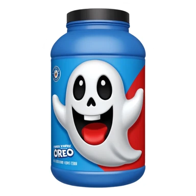 “Front-facing Ghost whey protein powder bottle, tall white plastic tub with wide shoulders and bold red lid. Blue and black Oreo-inspired label with the white GHOST logo and small ghost mascot. Clean studio lighting, soft shadow, realistic emoji-style product, centered on white background.” sticker