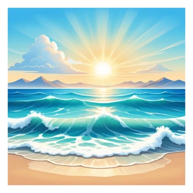 A beautiful  shoreless seascape with waves in warm tones under a bright sun, with the azure sea occupying the foreground. The sunlight reflects off the water, creating a vibrant, peaceful atmosphere. The background features a stunning sky with soft clouds and a distant horizon. sticker