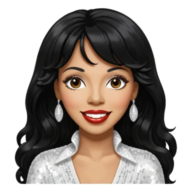 Donna Summer with long jet black hair, white sequin outfit  sticker