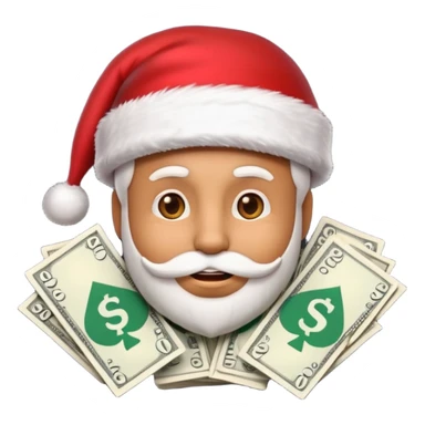 A confident rich emoji face wearing a Santa hat, money stacks, casino vibe, New Year theme, premium 3D emoji style, sharp details, no text, isolated on transparent background sticker