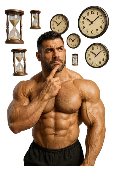bodybuilder pensieroso che si tiene l'indice sul mento, alle sue spalle fluttuano clessidre e orologi da muro, iperrealistico 4k sticker