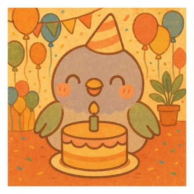 Change the background to a vibrant party venue filled with colorful balloons and decorations. Keep the baby pigeon happily in front of the birthday cake as is. The overall feeling should be warm and cute. sticker