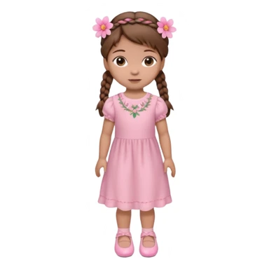 Boneca muito baixa e pequena de cabelo castanho com 2 tranças e uma flor rosa do lado esquerdo usado um vestido rosa claro e sapatinhos rosa sticker