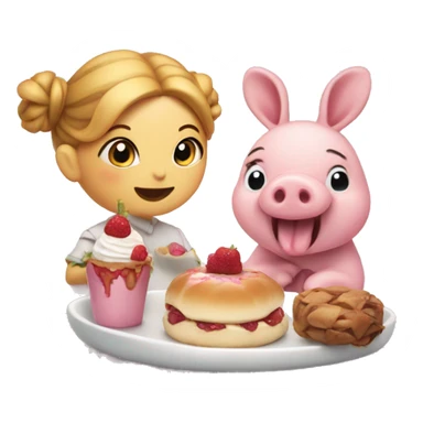 Bun (emoji) and piglet eating dessert sticker