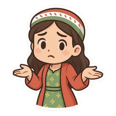 Kurdish woman in a new dress, shrugging shoulders with palms up, looking puzzled, no text sticker