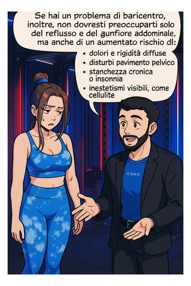 TRASFORMA QUESTO CAROSELLO IN UN FUMETTO STILE WEBTOON/MANGA A COLORI CON QUESTE DUE PERSONE IDENTICHE CHE INTERLOQUISCONO TRA LORO, L'uomo sta spiegando alla donna questo concetto:

Se hai un problema di baricentro, inoltre, non dovresti preoccuparti solo del reflusso e del gonfiore addominale, ma anche di un aumentato rischio di:
    • dolori e rigidità diffuse
    • disturbi pavimento pelvico
    • stanchezza cronica o insonnia
    • inestetismi visibili, come celluluite
    • etc… sticker