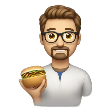 brown hair white guy with little mustache and goatee, wearing rounded glasses with meal in hands sticker