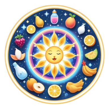 Magical daily fitness nutrition schedule with ethereal water bottle, celestial sun, enchanted chicken and rice plate, mystical gym equipment, glowing yogurt, sparkling fruits, and dreamy sleep symbol, all arranged in a cosmic circle with starry aura sticker