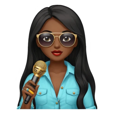 dark long haired woman with summer clothes and sun glasses holding microphone sticker