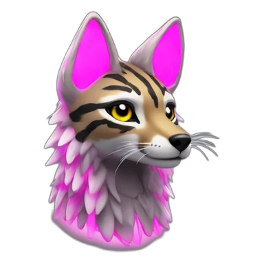 Coyote ocelot with grey and black fur and phoenix wings and pink ears half skeleton, neon lights sticker