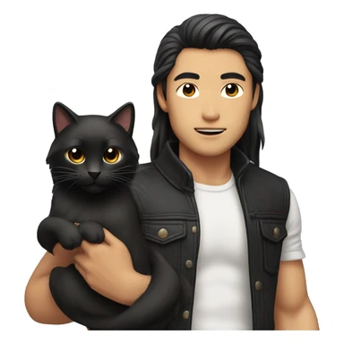 Model Long hair Asian man with abs holding black cat sticker